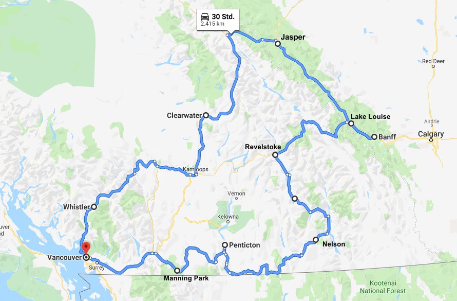 Unsere Route durch Kanada. Etwa 2500 Kilometer sind wir gefahren.